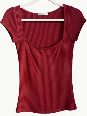 Square Neck Ribbed Knit Tee Rust Red Fitted Stretch Top Small Reformation